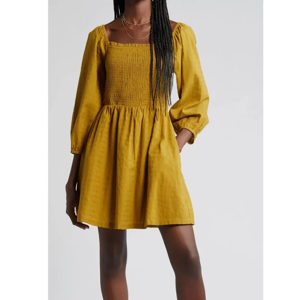 NEW Lost + Wander Women’s Size Medium Ecru Olive Green Smocked Dress